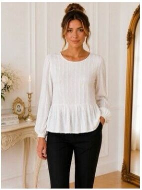 LOFT White Textured Long-Sleeve Peplum Top